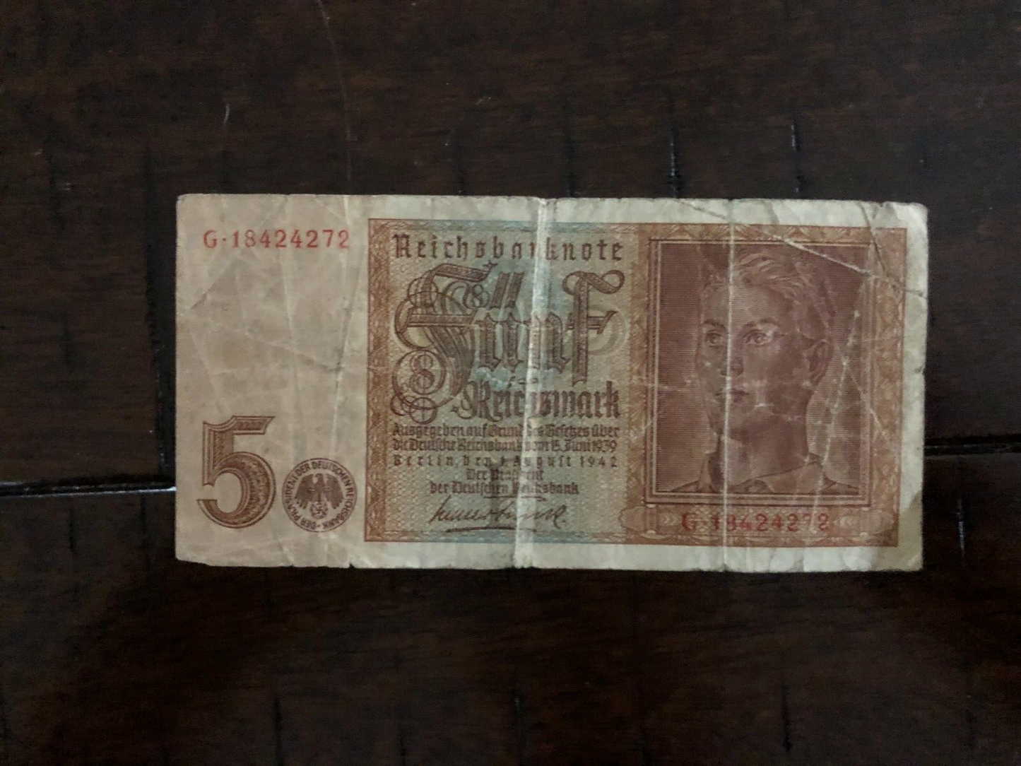 1942 WW2 Germany Third Reich 5 Reichsmark Banknote Circulated G18424272