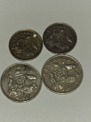 Australia Three pence x2 Six Pence x2 Silver Coins x 4 George V VI .925