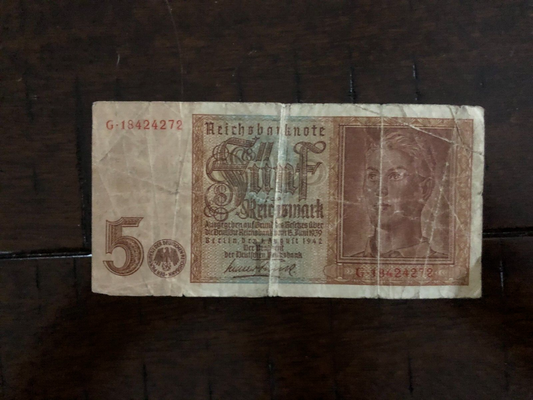 1942 WW2 Germany Third Reich 5 Reichsmark Banknote Circulated G18424272