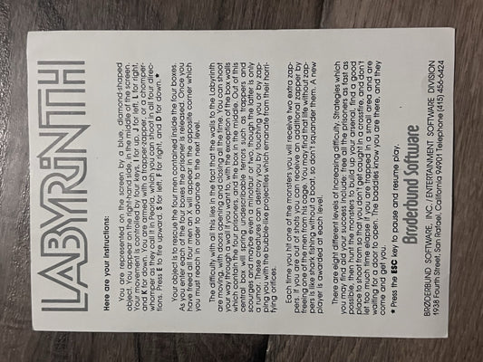 MANUAL ONLY Labyrinth (ATARI 400/800, 1982) Borderbund Software